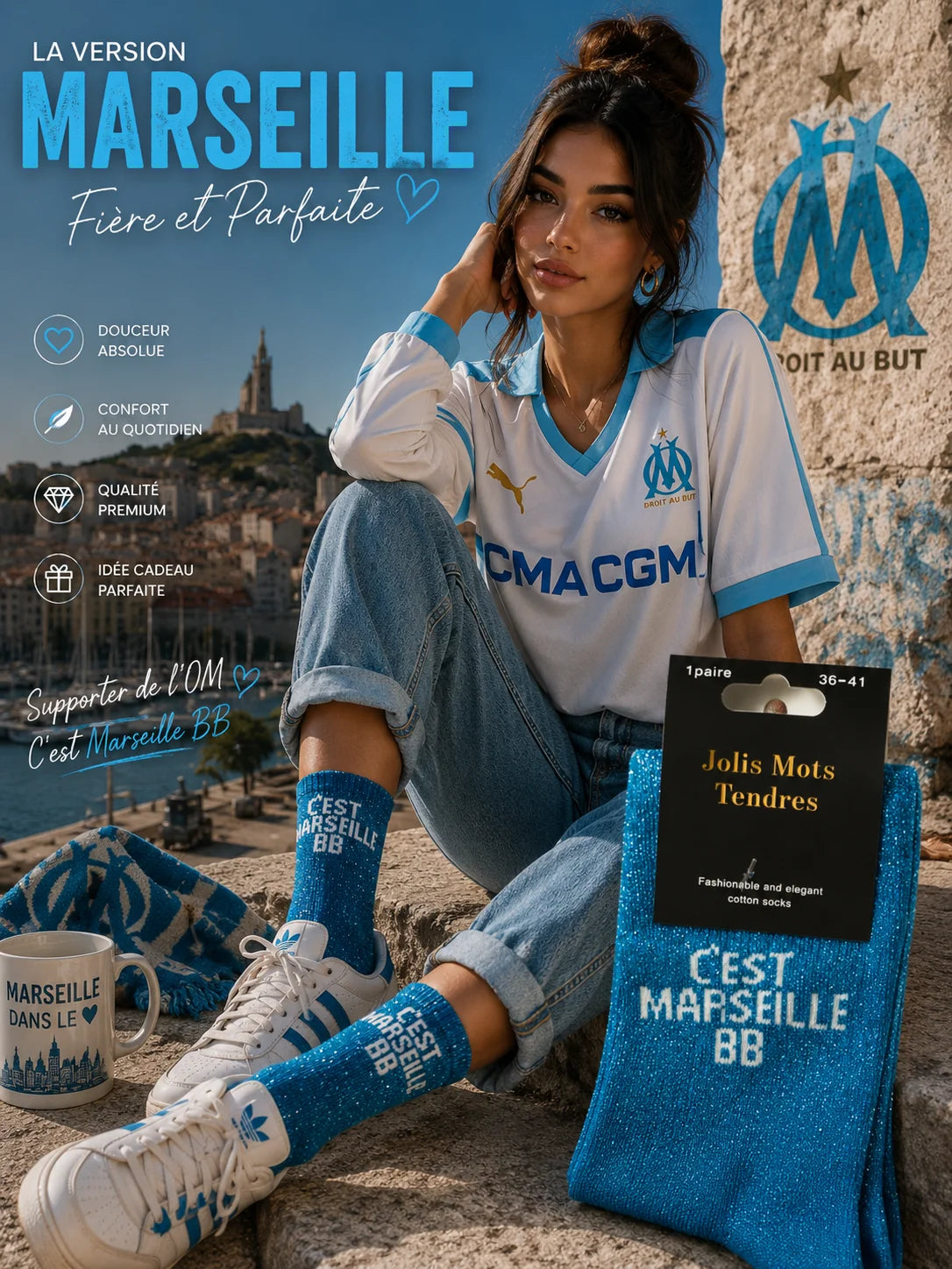 Chaussette à paillettes bleu "C’est Marseille BB"